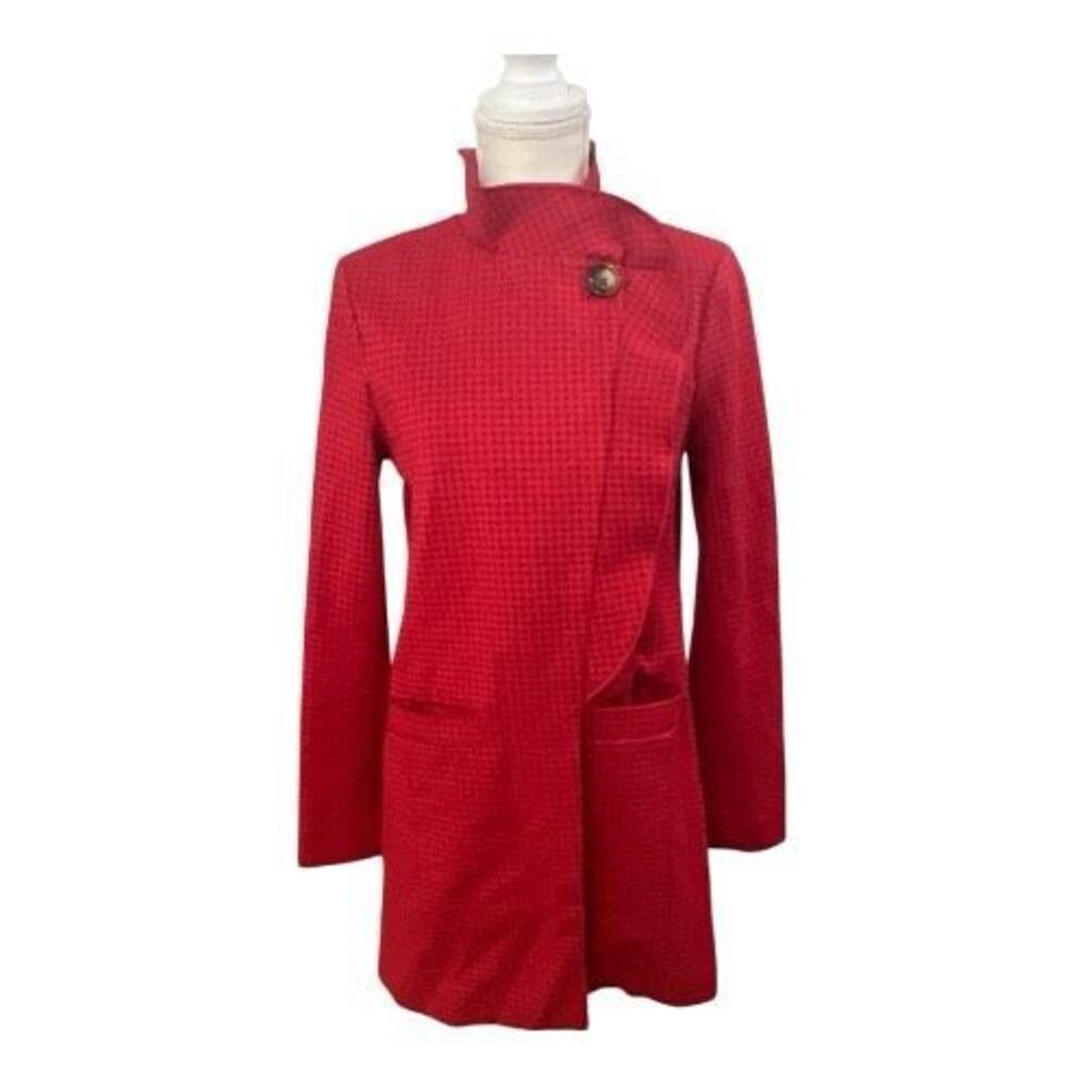 Cabi Celebration Women Jacket Coat Size S Red Houndstooth Ruffle Button Front